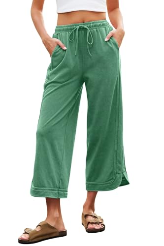 Image of Allimy Women's 2026 Spring Acid Wash Baggy Wide Leg Sweatpants Casual Comfy Drawstring Joggers Cropped Capri Pants, Forest Green, XXL