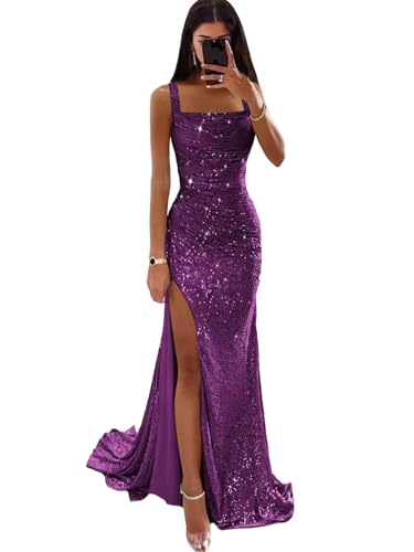 YYXRyyH Sequin Mermaid Prom Dress Long with Slit Purple Square Neck Spaghetti Straps Formal Evening...