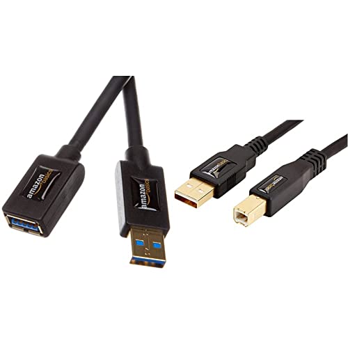 Amazon Basics USB 3.0 Extension Cable - A-Male to A-Female Adapter Cord- 9.8 Feet (3.0 Meters) & USB 2.0 Printer Cable - A-Male to B-Male Cord - 6 Feet (1.8 Meters), Black