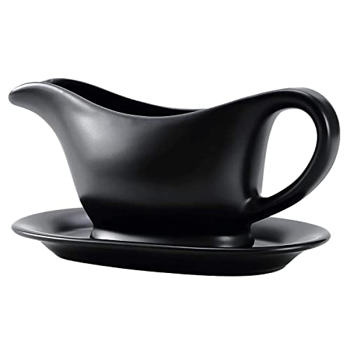 Bruntmor 11 Oz Black Ceramic Gravy Boat With Tray, 11 Ounce Small Ceramic Serving Dish, Dispenser with Tray For Sauces, Dressing and creamer, Gravy Boat With Saucer For Thanksgiving