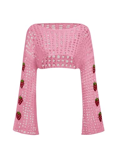 Image of SHENHE Women's Strawberry Top Y2k Knit Shrug Sweater Crochet Crop Hollow Out Long Sleeve See Through Sweater Tops