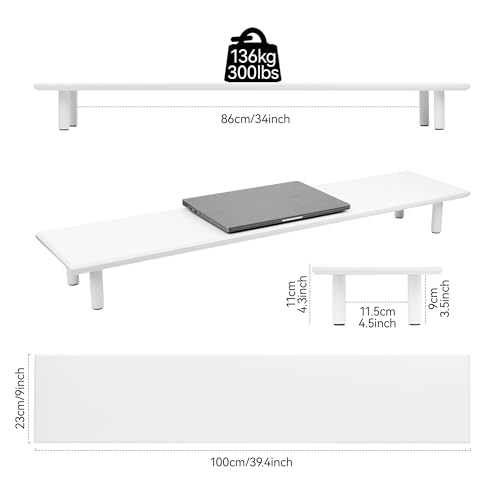 Image of Bamboo Dual Monitor Stand Riser, White Desk Shelf with Storage