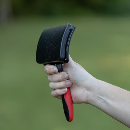 Image of Jeffers Pet Self-Cleaning Slicker Brush for Dogs & Cats - Self Cleaning Button, Removes Tangles & Loose Hair, Non Slip Handle for Easy Grooming, Go To Gift for Pet Owners - Black, Red - Medium