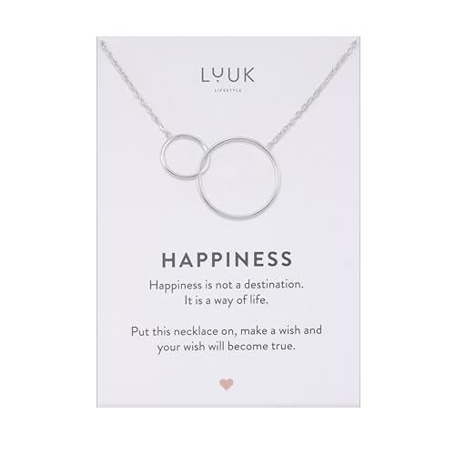 LUUK LIFESTYLE Collar de anillos entrelazados de estilo sencillo y minimalista con tarjeta mensaje HAPPINESS, idea de regalo San Valentín, día de la madre, hipoalergénico, plateado