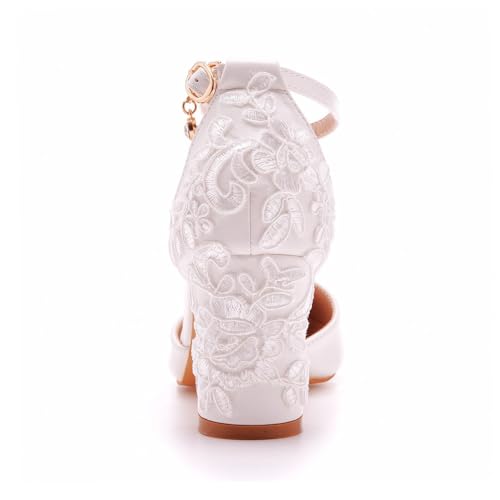 Dress First Wedding Shoes for Bride Block Low High Heels Point Toe Closed Toe Wedding Heels Bridal Shoes Ankle Strap Heels Lace Elegant Leather with Buckle3