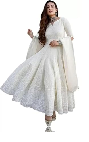 ROYAL EXPORT Women's Cotton Anarkali White Color chikankari suit with Duptta