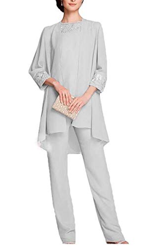 3 piezas de gasa madre de la novia pantalones traje con bordado hasta el piso trajes de las mujeres para la boda, plata, 38