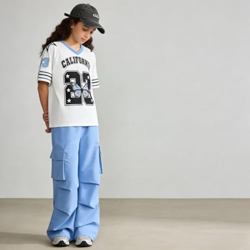 Image of Tween Girls Clothes Short Sleeve Graphic T-Shirt Top + Cargo Pants 2pcs Outfit Set, Size 7-15Years