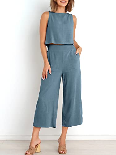 Image of ANRABESS Women's Summer 2 Piece Outfits Sleeveless Tank Crop Button Back Top Cropped Wide Leg Pants Set Pockets