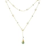 DAUMIER Vintage Freshwater Pearl Flower Long Strand Gold Plated Green Jade Necklace for Women Bridem