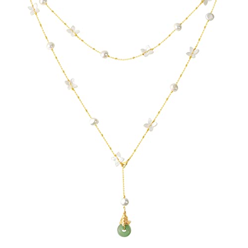 Daumier Vintage Freshwater Pearl Flower Long Strand Gold Plated Green Jade Necklace For Women Bridemaid Jewelry Gift For Her #TOP10