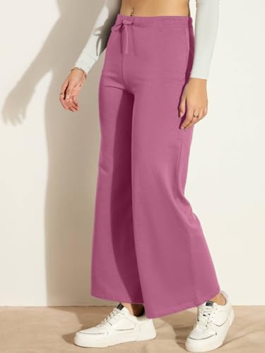 Image of Vogaan Women's Cotton Blend Wide Leg Pants | Drawstring Waist Casual Solid Track Pants for Women
