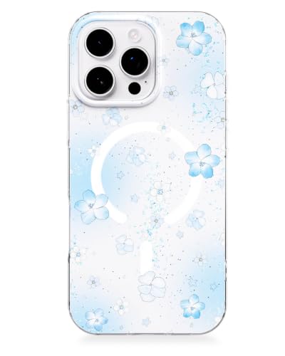 Coque iPhone 16 Pro Max fleur bleue transparente Feams compatible MagSafe pour femmes et filles