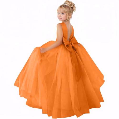 V Back Flower Girl Dresses for Wedding Round Neck Pearl First Communion Dresses with Bow