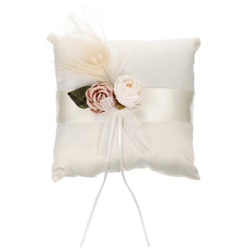 LABRIMP Coussin alliances de mariage avec fleurs romantiques, coussin en satin blanc, porte-alliances de mariage, coussins porte-alliances pour porter bague, pour livrer des anneaux aux jeunes mariés