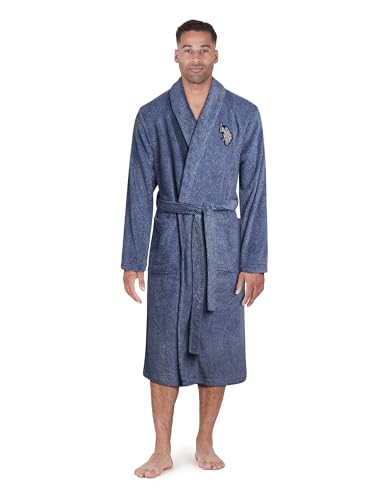 U.S. POLO ASSN. Mens Robe - Super Soft Plush Fleece Bath Robe - Cozy Spa Lounge Robe for Men with Shawl Collar Size Large-X-Large Estate Blue