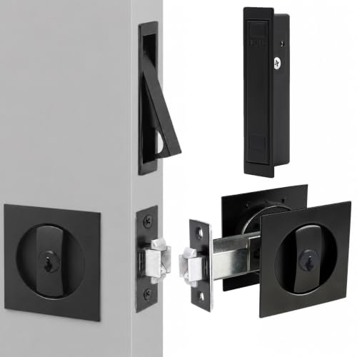 Herraje para puerta corrediza Dontay con manija y cerradura cuadrada, acabado negro mate, ajustable para puertas de 35 a 57 mm, con tirador empotrado de aleación de zinc miniatura 1