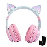 LVOERTUIG Kids Headphones with Cat Ear Led Light Up,Wireless Cat Ear Headphones,Gaming Headset Fashion Bluetooth 5.0 Kids Adult Cat Ear LED Gaming Headset,Over-Ear Bluetooth Headphones