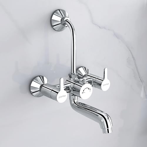 Image of Plantex Pure Brass Wall Mixer for Bathroom 2 in 1 with L-Bend Provision for Overhead Shower /Mixer Tap for Bathroom with Water Saving Nozzle Aerator - 7 Year Warranty by Plantex (Ore-1420, Chrome)