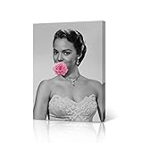HB Art Design Dorothy Dandridge Black and White Portrait Pink Blooming Rose Flower Canvas Wall Art Print Icon Pop Art Fashion Vanity Room Bedroom Living Room Modern Home Decor Ready to Hang - 12x8