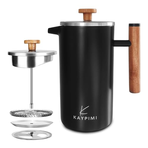 Kaypimi - French Press - Double Walled Stainless Steel Insulated Coffee and Tea Maker with Triple-Filter-System - Keep Drinks Hotter for Longer, Perfect for Home and Travel (Matte Black, 34 Oz)