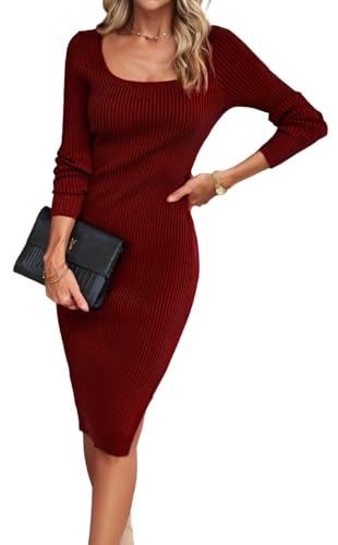 Women's Long Sleeve Bodycon Dress Slit Side Ribbed Sweater 2025 Fall Slim Fit Midi Dresses Formal Evening Party