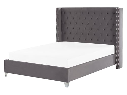 Lit Double en Velours Gris 160 x 200 cm avec Haute Tête de Lit Chesterfield pour Chambre au Style Moderne ou Glamour Beliani