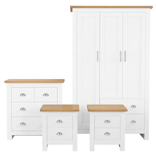 Blisswood 4 Piece Bedroom Furniture Set 3 Door Wardrobe 2+2 Drawer Chest of Drawers 2 Drawer 2 Bedside Tables Modern Shaker Style Bedroom Wardrobe Set with Oak Top White Bedroom Storage Furniture