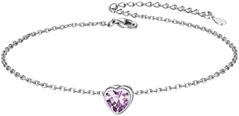 925 Sterling Silver Heart Birthstone Anklet for Women Dainty Ankle Bracelet 22cm+5cm Extend Chain(with Gift Box)