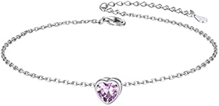 925 Sterling Silver Heart Birthstone Anklet for Women Dainty Ankle Bracelet 22cm+5cm Extend Chain(with Gift Box)
