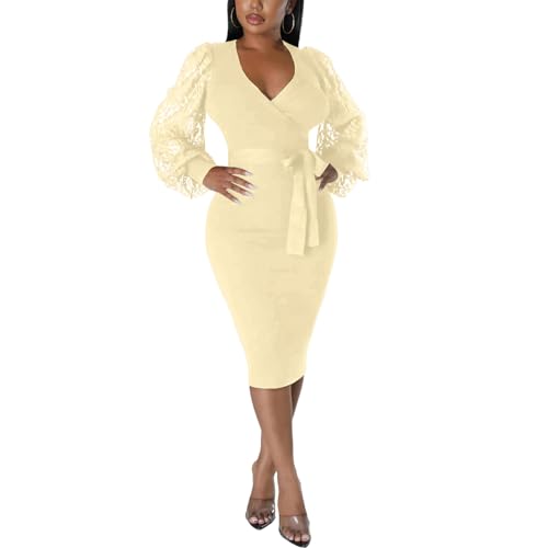 Image of BOGURST Semi Formal Church Dresses for Women Bishop Sleeve Sexy V Neck Bodycon Midi Dresses