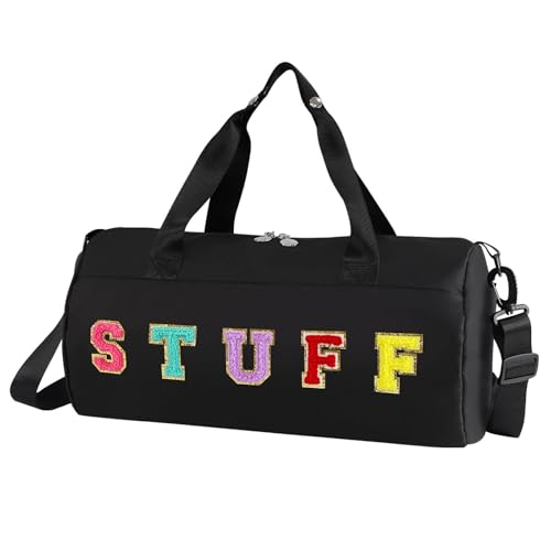 Chenille Letter Stuff Tote Bag 16 Inch, Small Gym Duffle Bag for Travel Dance Sports Workout Camping, Carry On Cheer Ballet Overnight Weekender Bags Birthday Gifts for Girls Kids Teens Women - Black