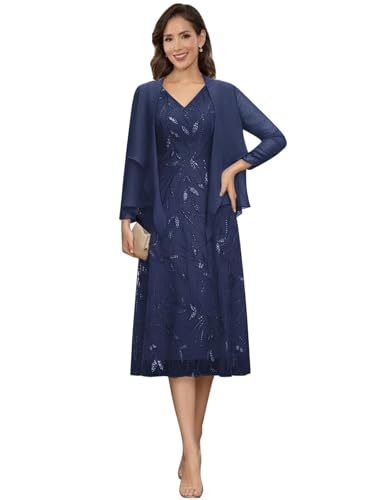 Image of 2 Pieces Mother of Bride Dresses with Jackets - Sequin Lace Chiffon A-Line Tea Length Formal Evening Dresses for Women