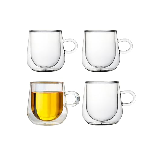 LoveFirst 4 * 250ml Tazas de Café de Cristal Expreso, Vasos de Espresso Transparentes con Aislamiento de Doble Pared con Asa, Tazas de Vidrio Borosilicato para Té, para Bebidas Frías y Calientes