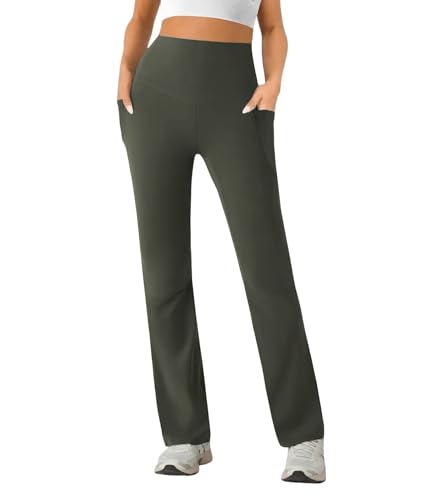 Womens High Waist Yoga Pants Stretchy Casual Trousers Straight Leg Pull On Side Pockets