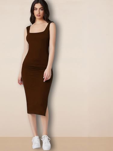 Image of rosery paris Square Neck Sleeveless Black Bodycon Dress for Women and Casual wear
