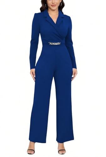 DeftSharp Plus Size Jumpsuit For Curvy Women Long Sleevele Semi Formal Jumpsuit Casual Wide Leg Work Business Long Rompers Blue