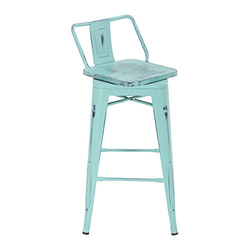 HAOBO Home Industrial Bar Stools Metal Barstools Counter Height Stools with Wooden Seat [Set of 4](24\", Low Back Swivel Distressed Green-Blue) - Thumbnail 6