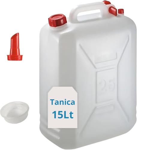 Tomaino - Tanica 15 Litri in Plastica con Tappo e Dosatore - Fusto HDPE Contenitore per Condensa Condizionatore - Bidone per Liquidi, Benzina, Acqua, Olio, Miscela, Campeggio, Vino, Camper (15 Lt)