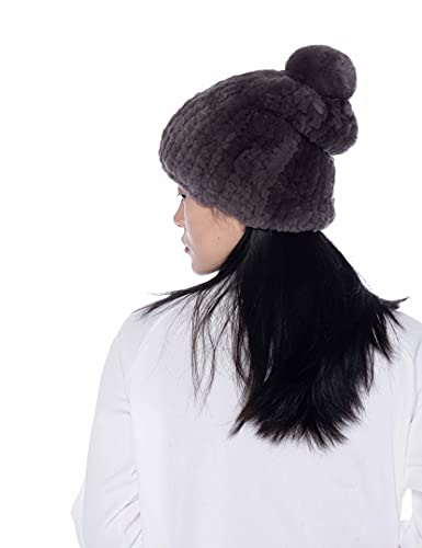 Real Fur Beanie Hat Women's Weather Rex Rabbit Fur Skull Cap With Fur Pom Fuzzy Fluffy Champagne #TOP5