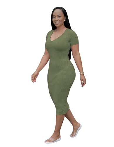 Image of TOPSRANI Women Sexy Midi Dress Bodycon Casual Sleeveless Basic Ruched Tank Summer Club Party Dresses