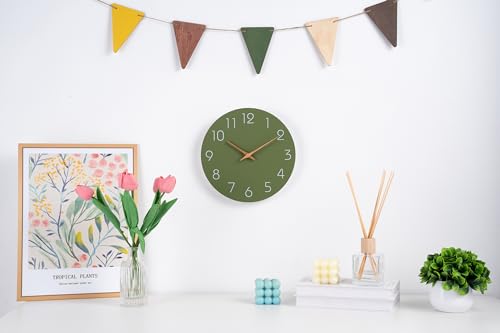 Image of Mosewa Modern Wall Clock Silent Non Ticking 12 Inch Olive Green Battery Operated Simple Minimalist for Living Room Office Bedrooms Kitchen Home Decor