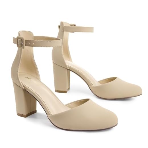 Ankis Closed Toe Heels for Women -Nude Womens Heels Closed Toe Chunky Block Pumps Shoes, 3 Inch