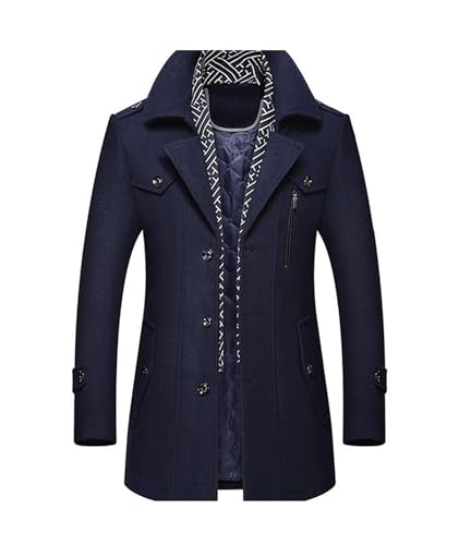 Image of SOMTHRON Men's Wool Blend Coat with Detachable Scarf or Iner Collar Single Breasted Pea Coat Warm Winter Trench Coat