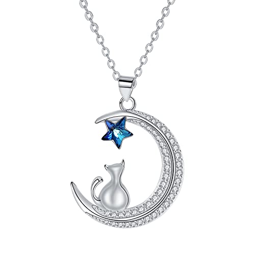 Hifeeled Collar Luna und Gato Mujer Plata de Ley 925 Colgante con Estrella Azul, Regalo Original Para Mujers Hermanas Amigo - Ajustable |45cm+5|