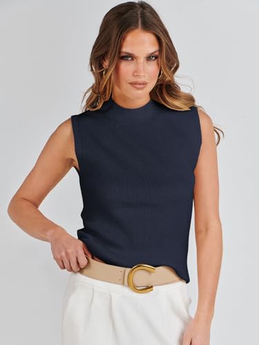 ANRABESS Suéter feminino de malha com gola falsa, casual, sem mangas, verão, moderno, com nervuras,