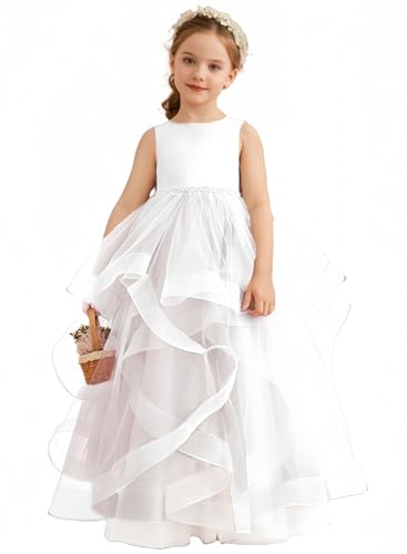 Tulle Flower Girl Dresses for Wedding Pearls Satin First Communion Dress with Belt