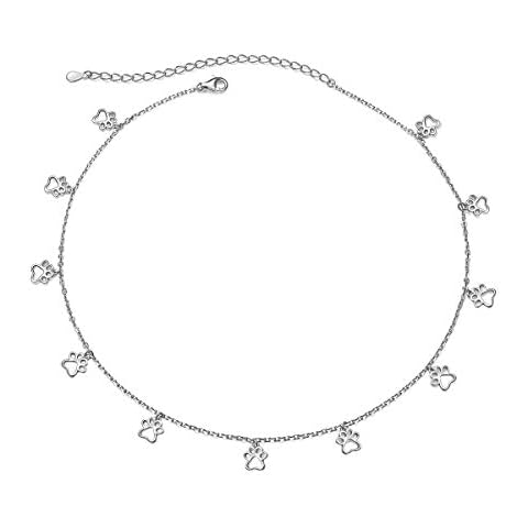 S925 Sterling Silver Puppy Dog Cat Pet Paw Print Choker Disc Chain Statement Pendant Necklace Jewelry for Women 13+3 inches Cover