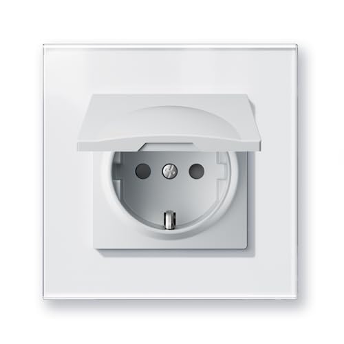 BSEEDLIFE Schuko Steckdose mit Wasserdichter Abdeckung, Unterputz 86 * 86mm, 16A EU-Steckdose mit Glasrahmen, Spritzwassergeschützt für Bad/Küche, Einfache Installation (Klappkrallen), 1-Fach Weiß