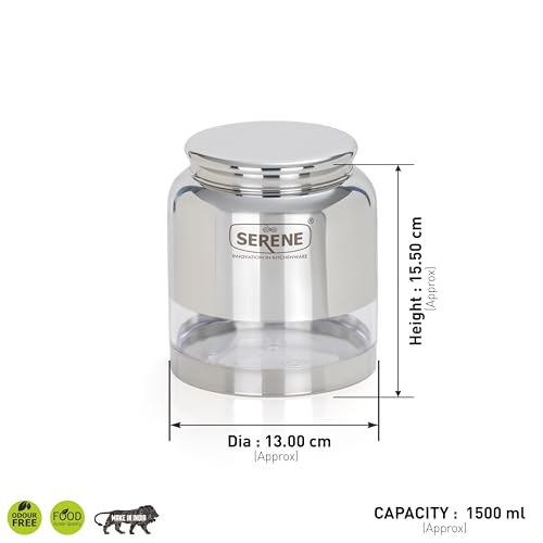 Image of Serene Stainless Steel Exotic See-Through Jar | Airtight Jars for Kitchen Storage | Premium Steel Jars with One Turn Lock Lid | Transparent Stainless Steel Containers | 1500ML | 4 PC